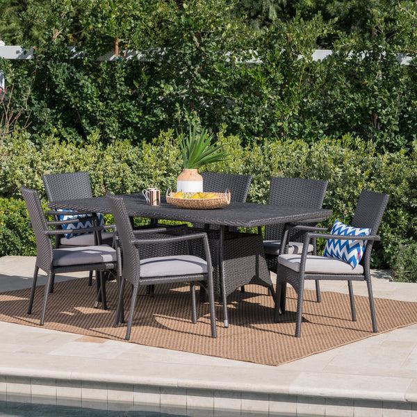 Gdf Studio Tompkins Grey Wicker 7 Piece Rectangular Dining Set