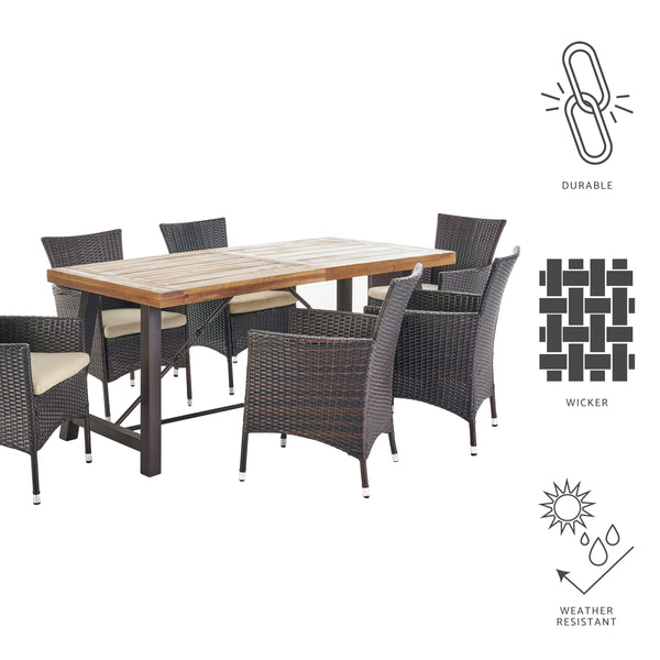 Gdf Studio Toretto Outdoor 7 Piece Dining Set With Teak Finished Wood Table And Brown Chairs