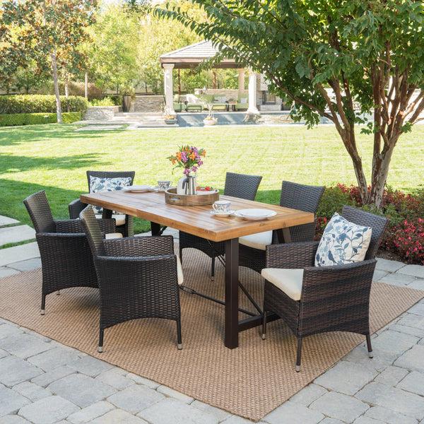 Gdf Studio Toretto Outdoor 7 Piece Dining Set With Teak Finished Wood Table And Brown Chairs