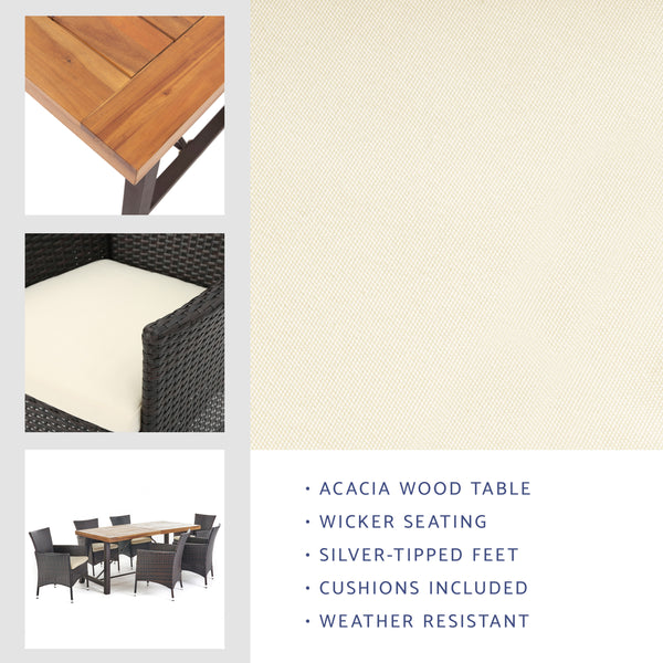 Gdf Studio Toretto Outdoor 7 Piece Dining Set With Teak Finished Wood Table And Brown Chairs