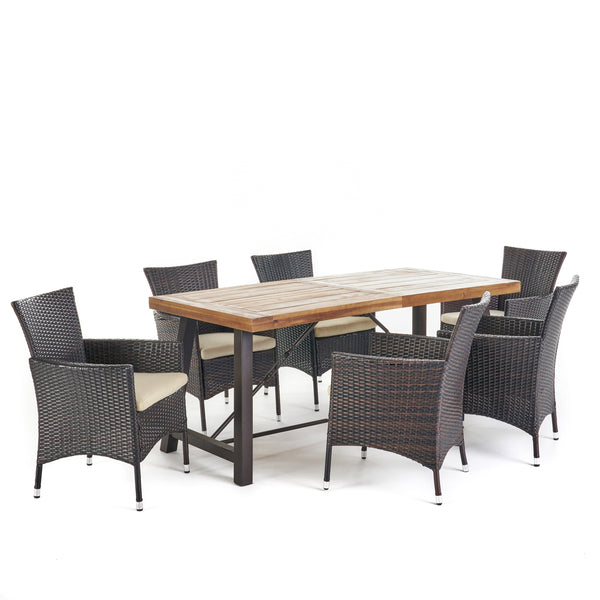 gdf studio Toretto Outdoor 7 Piece Dining Set with Teak Finished Wood Table and Brown Chairs