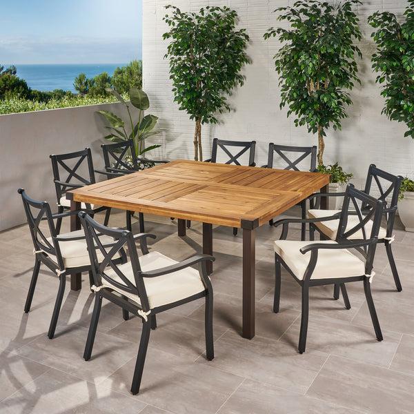 Gdf Studio Toula Outdoor 8 Seater Acacia Wood And Cast Aluminum Dining Set With Cushions