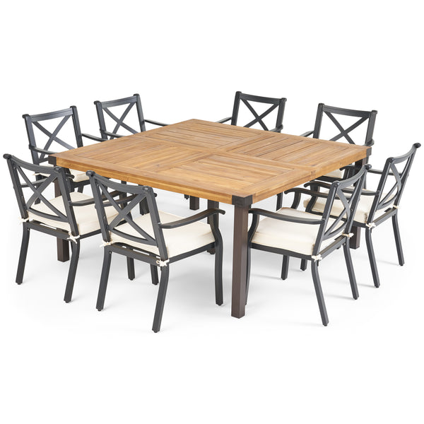 gdf studio Toula Outdoor 8 Seater Acacia Wood and Cast Aluminum Dining Set with Cushions