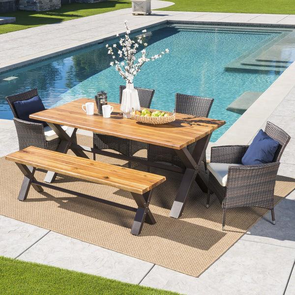 Gdf Studio Trellis Outdoor 6 Piece Acacia Wood Dining Set With Wicker Dining Chairs