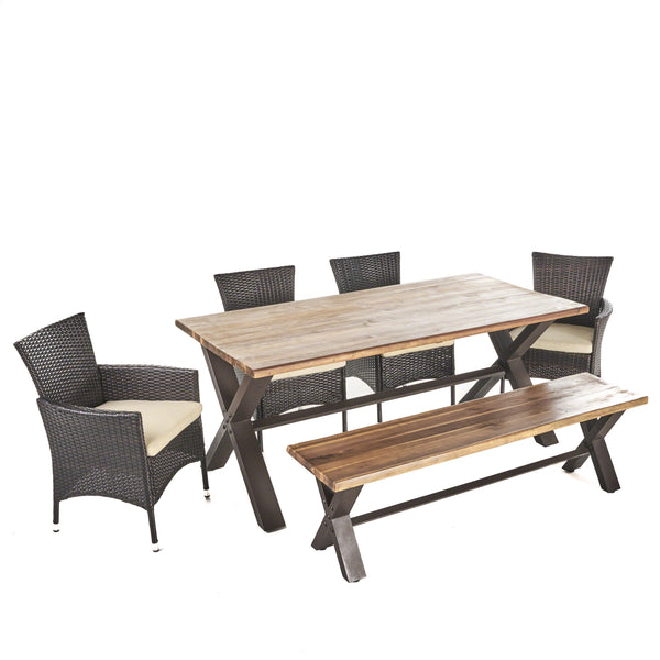gdf studio Trellis Outdoor 6 Piece Acacia Wood Dining Set with Wicker Dining Chairs