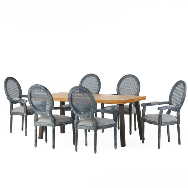 Gdf Studio Trillium Farmhouse Fabric Upholstered Wood And Cane 7 Piece Dining Set Natural Rustic Metal And Gray