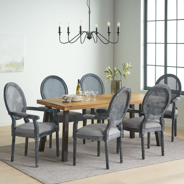 gdf studio Trillium Farmhouse Fabric Upholstered Wood and Cane 7 Piece Dining Set Natural Rustic Metal and Gray