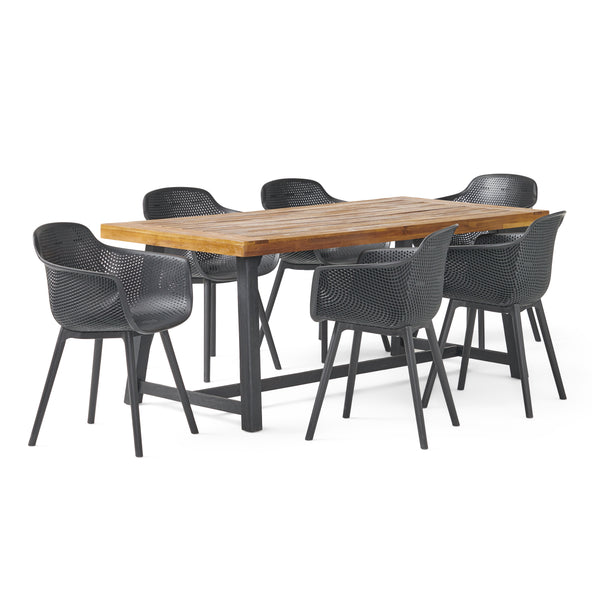 Gdf Studio Trinity Outdoor Wood And Resin 7 Piece Dining Set Black And Sandblasted Teak