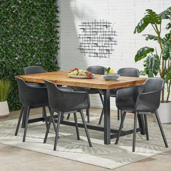 gdf studio Trinity Outdoor Wood and Resin 7 Piece Dining Set Black and Sandblasted Teak