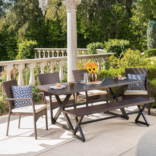 Gdf Studio Tripoli Outdoor 6 Piece Aluminum Dining Set With Bench And Wicker Dining Chairs