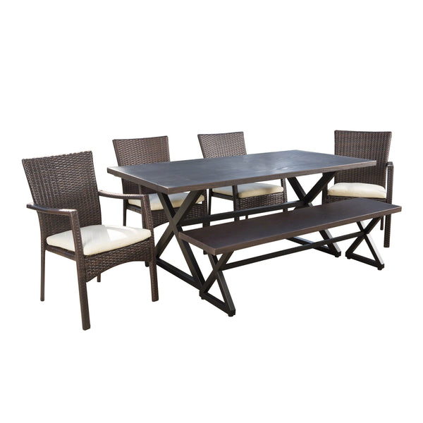 gdf studio Tripoli Outdoor 6 Piece Aluminum Dining Set with Bench and Wicker Dining Chairs