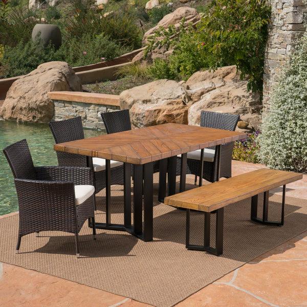 Gdf Studio Truda Outdoor 6 Piece Wicker Dining Set With Concrete Dining Table And Bench