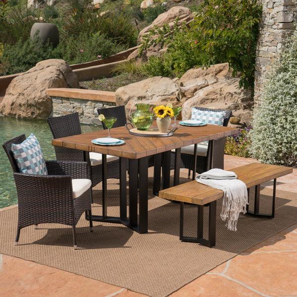 Gdf Studio Truda Outdoor 6 Piece Wicker Dining Set With Concrete Dining Table And Bench