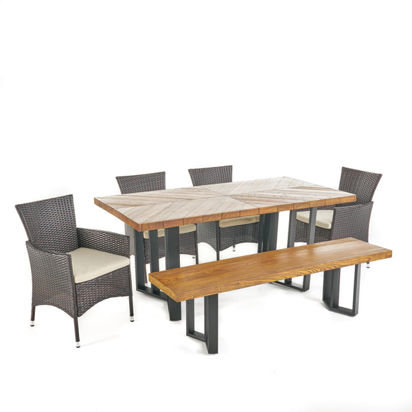 gdf studio Truda Outdoor 6 Piece Wicker Dining Set with Concrete Dining Table and Bench