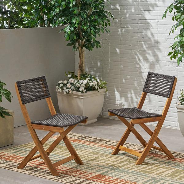 Gdf Studio Truda Outdoor Acacia Wood Foldable Bistro Chairs With Wicker Seating (Set Of 2)