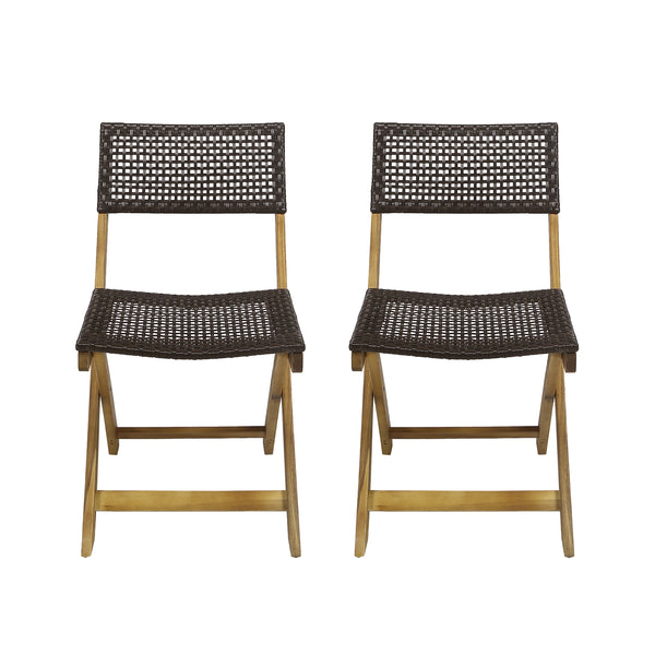 gdf studio Truda Outdoor Acacia Wood Foldable Bistro Chairs with Wicker Seating (Set of 2)