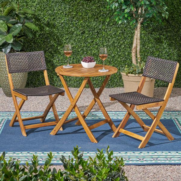 Gdf Studio Truda Outdoor Acacia Wood Wicker Foldable Bistro Set With Chairs And Table