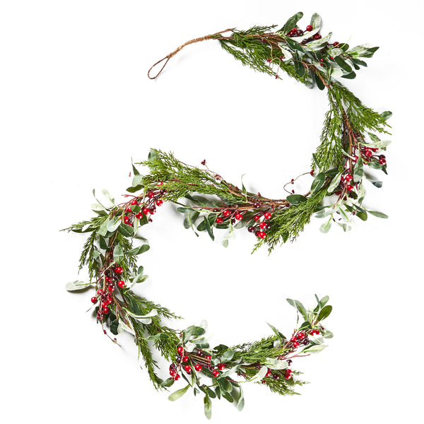 gdf studio Turin 6-Foot Artificial Olive Leaf Garland with Red Berries