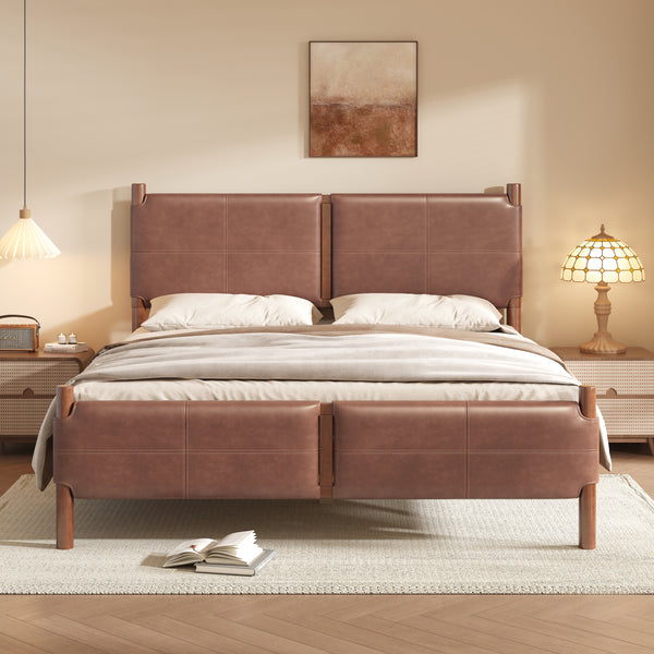 Gdf Studio Umora Queen Bed With Brown Leather Upholstered Headboard Wood Frame