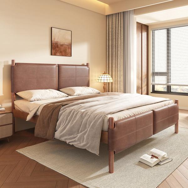 Gdf Studio Umora Queen Bed With Brown Leather Upholstered Headboard Wood Frame