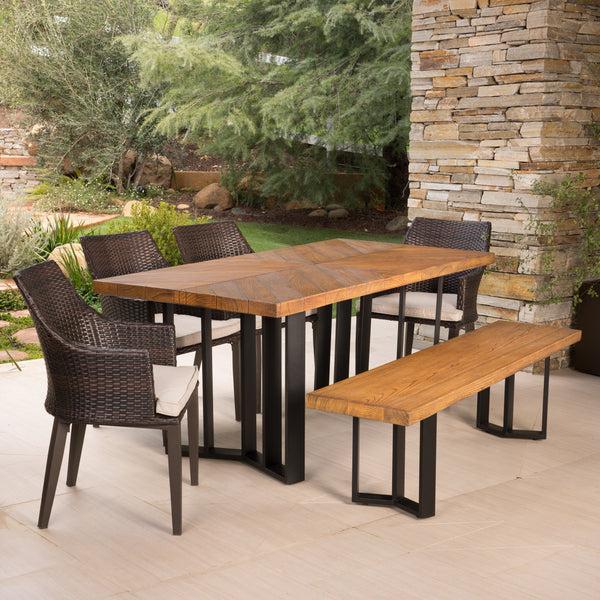 Gdf Studio Valby Outdoor 6 Piece Wicker Dining Set With Concrete Dining Table And Bench