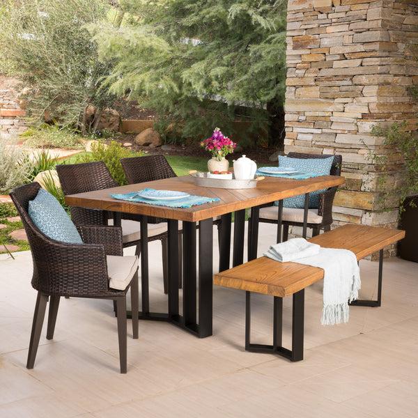 Gdf Studio Valby Outdoor 6 Piece Wicker Dining Set With Concrete Dining Table And Bench