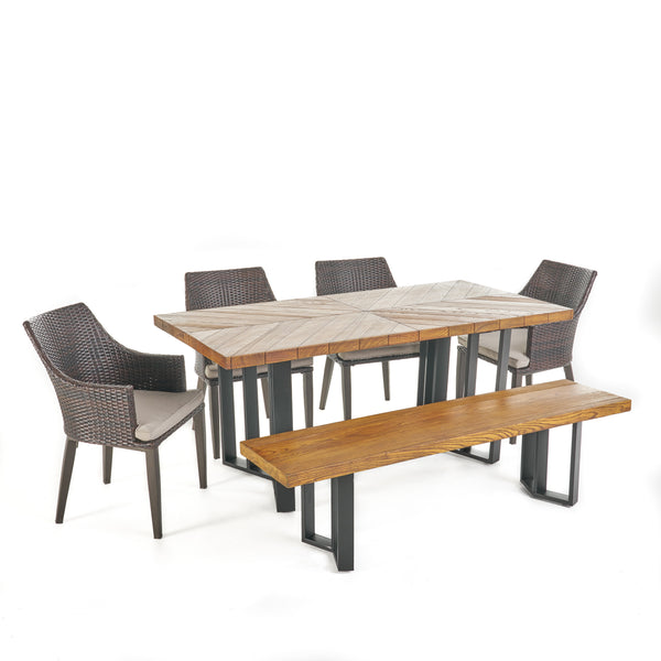 gdf studio Valby Outdoor 6 Piece Wicker Dining Set with Concrete Dining Table and Bench