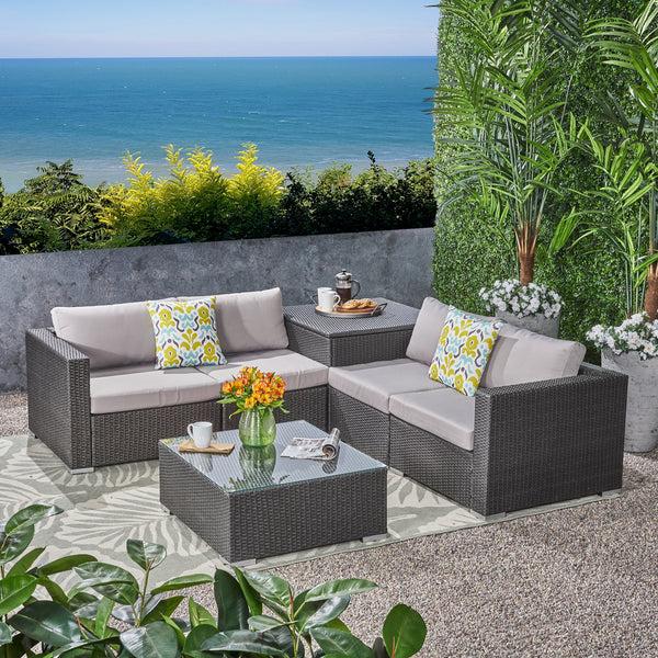 Gdf Studio Valentina Outdoor 4-Seater Sectional Sofa Set With Coffee Table And Storage Ottoman