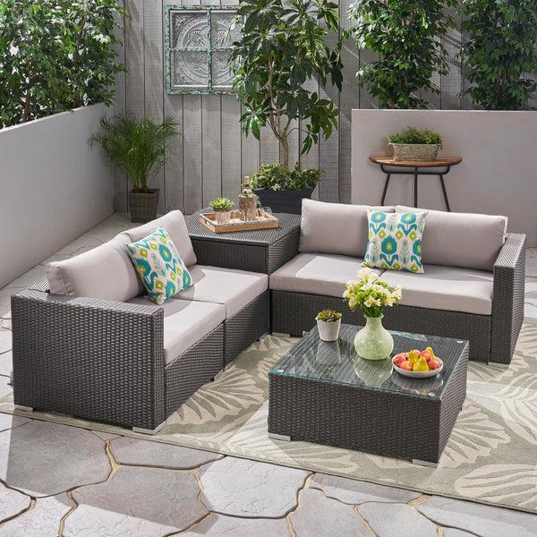 Gdf Studio Valentina Outdoor 4-Seater Sectional Sofa Set With Coffee Table And Storage Ottoman