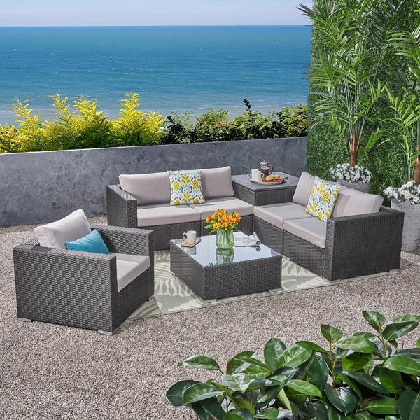 Gdf Studio Valentina Outdoor 5-Seater Sectional Sofa Set With Club Chair And Storage Ottoman