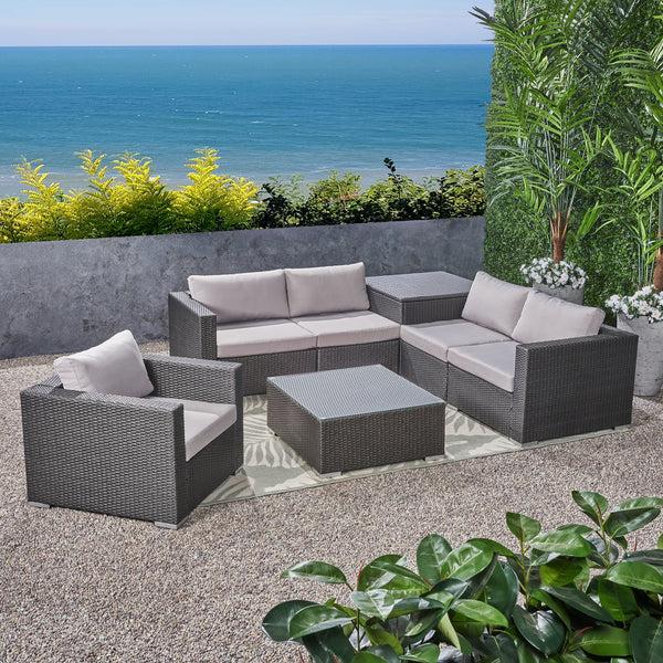 Gdf Studio Valentina Outdoor 5-Seater Sectional Sofa Set With Club Chair And Storage Ottoman