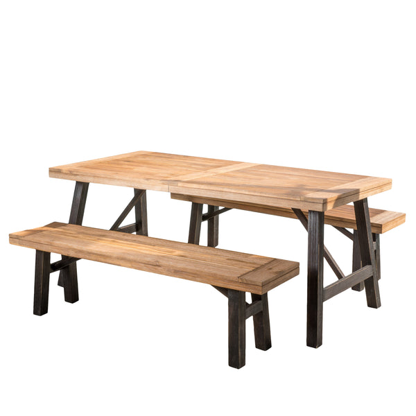 gdf studio Valverde Outdoor Teak Finish and Brushed Grey Acacia Wood Picnic Dining Set