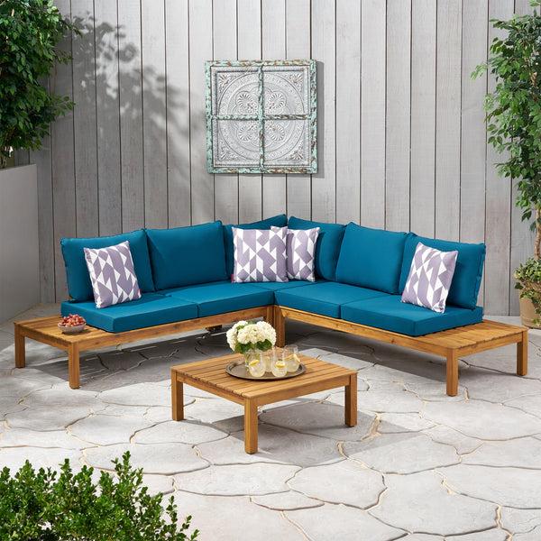 Gdf Studio Vashti Outdoor 5 Seater V Shaped Acacia Wood Sectional Sofa Set With Cushions