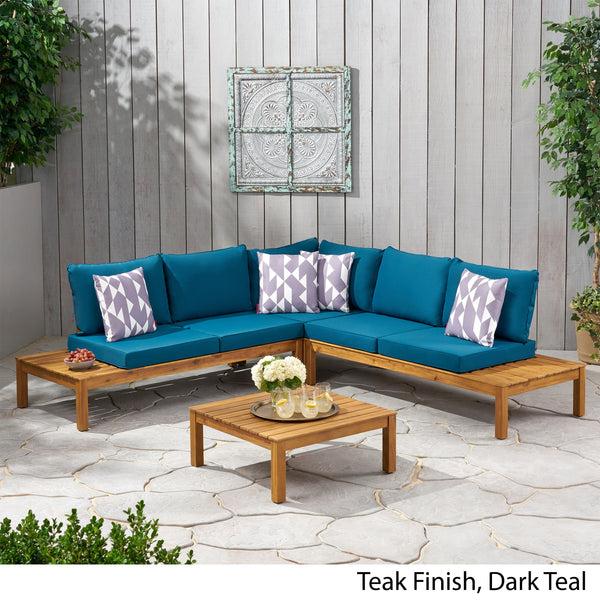 Gdf Studio Vashti Outdoor 5 Seater V Shaped Acacia Wood Sectional Sofa Set With Cushions