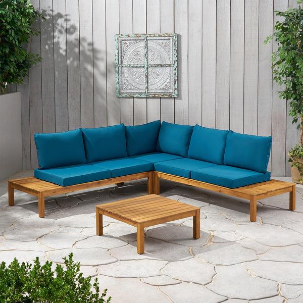 Gdf Studio Vashti Outdoor 5 Seater V Shaped Acacia Wood Sectional Sofa Set With Cushions