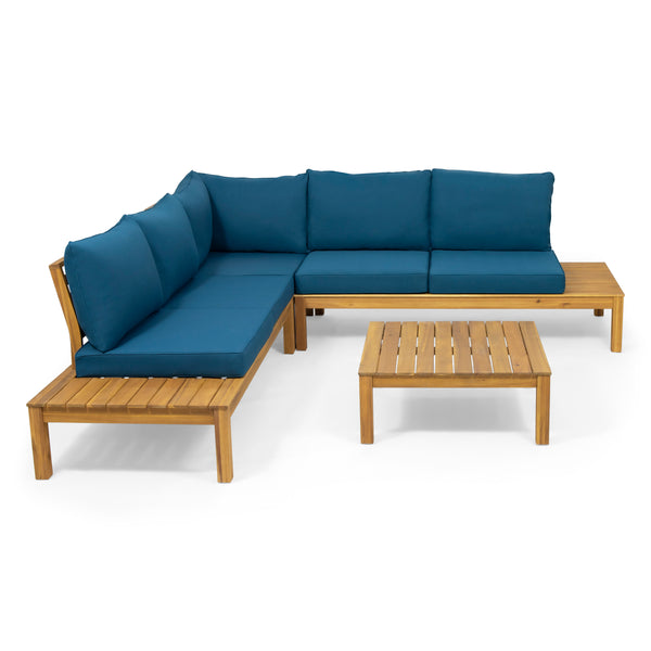 gdf studio Vashti Outdoor 5 Seater V Shaped Acacia Wood Sectional Sofa Set with Cushions