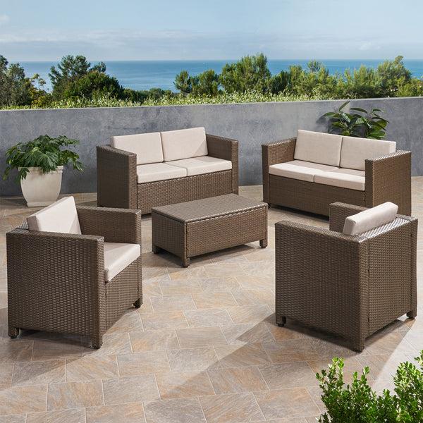 Gdf Studio Venice 6-Seater Outdoor Brown PE Wicker Sofa Set With Coffee Table