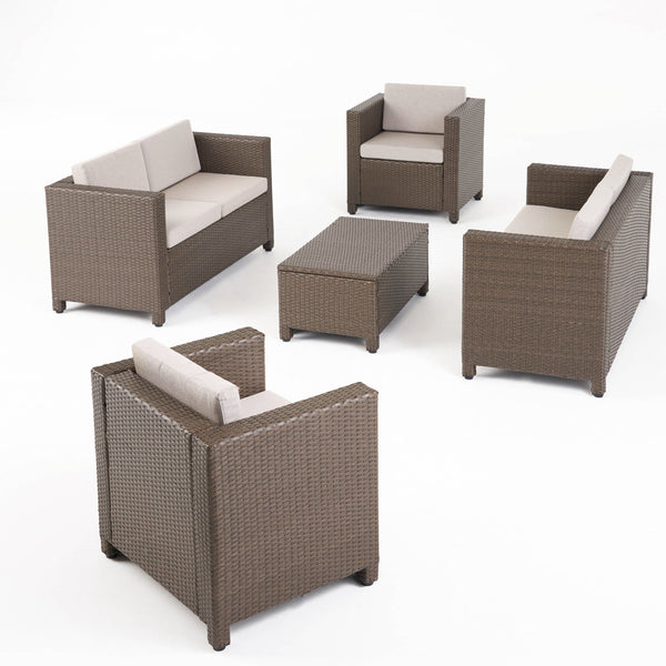 gdf studio Venice 6-Seater Outdoor Brown PE Wicker Sofa Set with Coffee Table