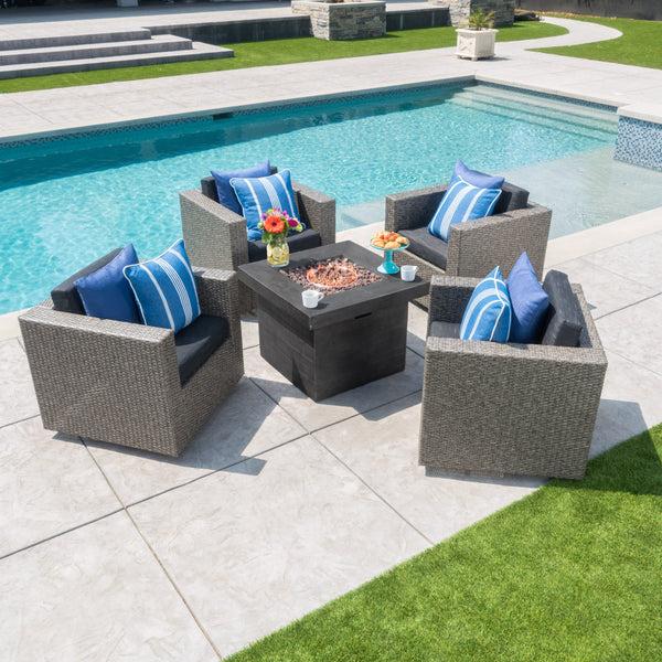 Gdf Studio Venice Outdoor 5 Piece Chat Set With Mixed Black Wicker Chairs And Fire Pit