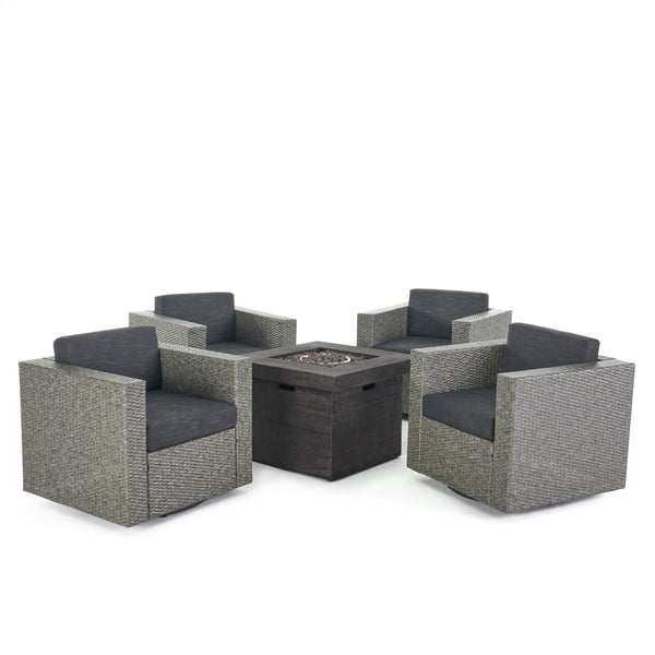 gdf studio Venice Outdoor 5 Piece Chat Set with Mixed Black Wicker Chairs and Fire Pit