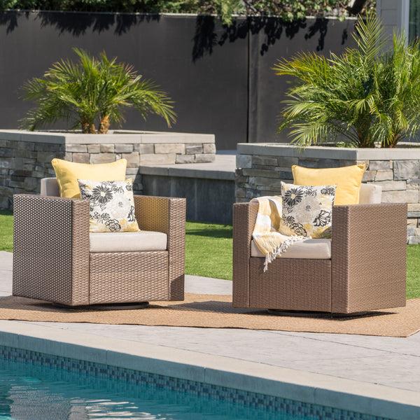 Gdf Studio Venice Outdoor Wicker Swivel Club Chairs With Cushions Set Of 2