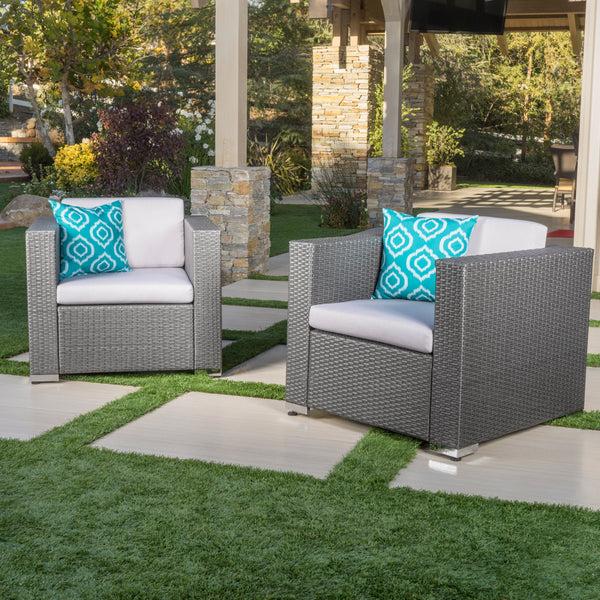 Gdf Studio Verin Outdoor Grey Wicker Club Chair With Silver Water Resistant Fabric Cushions (Set Of 2)