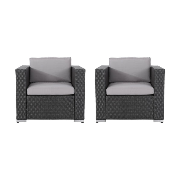 gdf studio Verin Outdoor Grey Wicker Club Chair with Silver Water Resistant Fabric Cushions (Set of 2)
