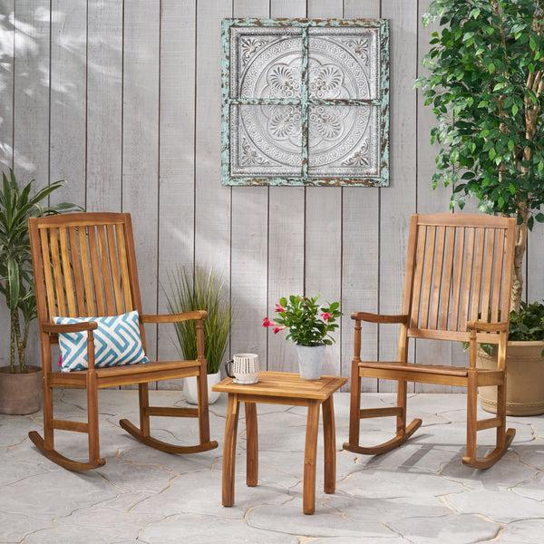 Gdf Studio Verna Outdoor 2 Seater Acacia Wood Rocking Chairs And Side Table Set