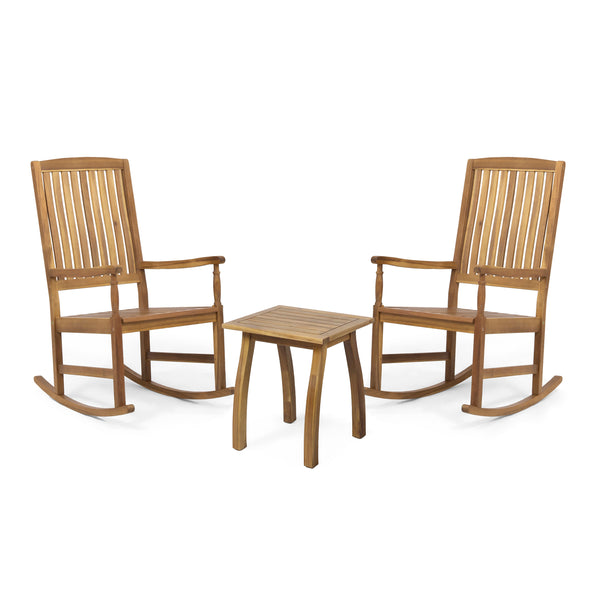 gdf studio Verna Outdoor 2 Seater Acacia Wood Rocking Chairs and Side Table Set