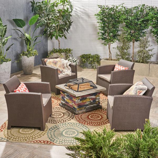 Gdf Studio Victor Outdoor 4-Seater Wicker Print Chat Set With Wood Burning Fire Pit Brown And Mixed Beige And Natural Stone
