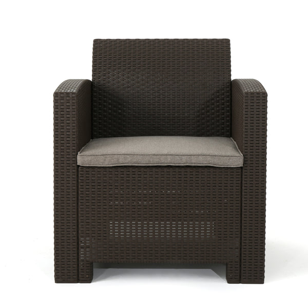 Gdf Studio Victor Outdoor 4-Seater Wicker Print Chat Set With Wood Burning Fire Pit Brown And Mixed Beige And Natural Stone