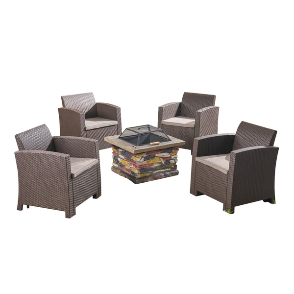 gdf studio Victor Outdoor 4-Seater Wicker Print Chat Set with Wood Burning Fire Pit Brown and Mixed Beige and Natural Stone