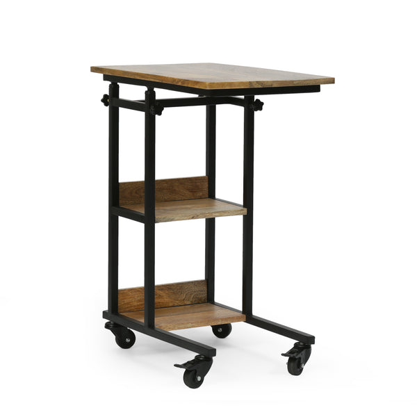 gdf studio Vinton Modern Industrial Handcrafted Wooden Multi-Purpose Adjustable Height C-Shaped Side Table Natural and Black