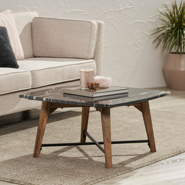 Gdf Studio Volney Boho Glam Handcrafted Marble Top Coffee Table Black And Dark Espresso